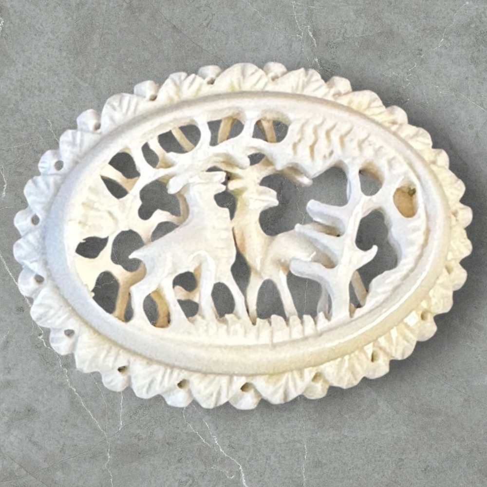 Antique 1950’s hand carved, brooch,deer,stag intricate layered bone
